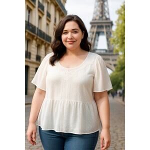 Cato White Swiss Dot Lace Yoke Blouse 22/24W Women Plus Sleeve Detail